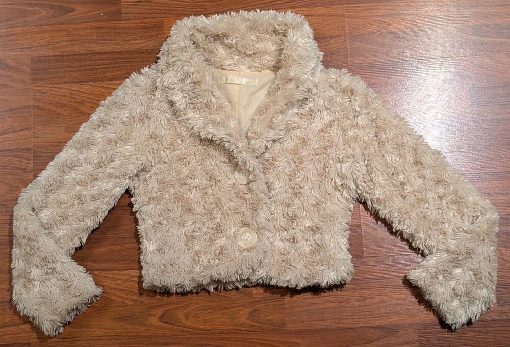 VTG ESTACOT Womens S Faux Fur Teddy Jacket Shaggy Cropped Beige Japanese Brand